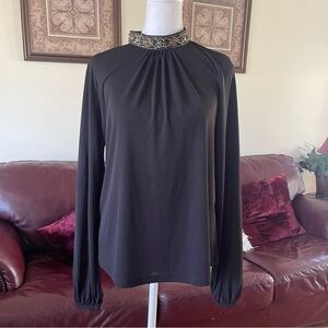 Zara Black Embellished Mock Neck Blouse | Beaded Collar Long Sleeve Top S